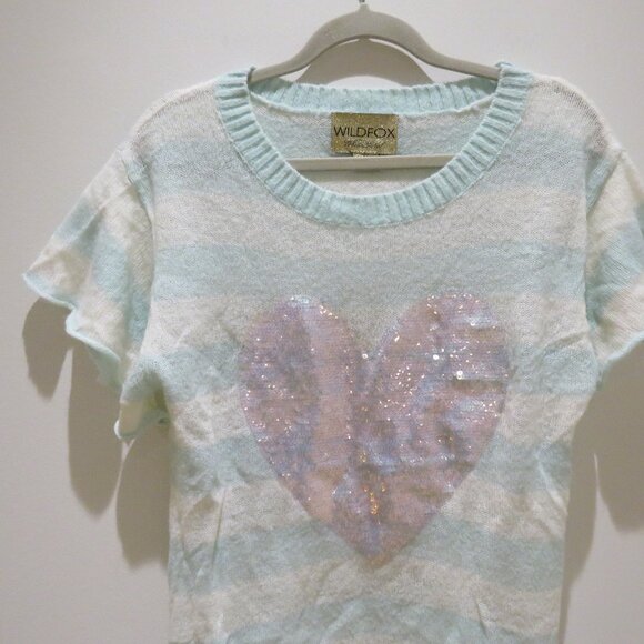 WILDFOX White Label Bridgette Heart Lake House Striped Sequin Sweater Aqua White - Picture 3 of 15